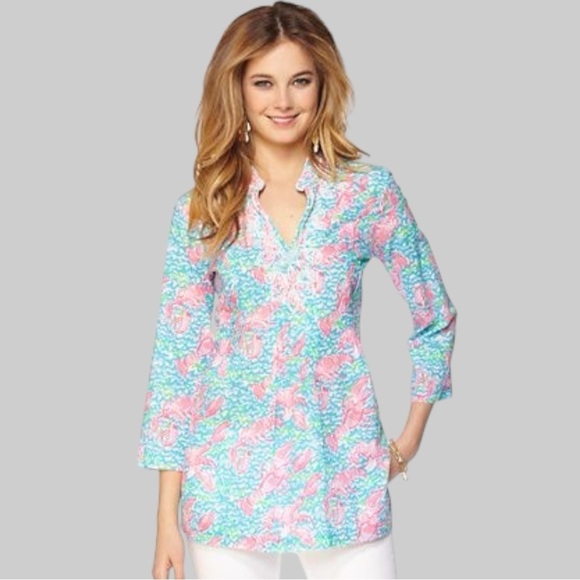 Y2K Lilly Pulitzer Sarasota Beaded Tunic in Lobstah Roll Print - Picture 1 of 14